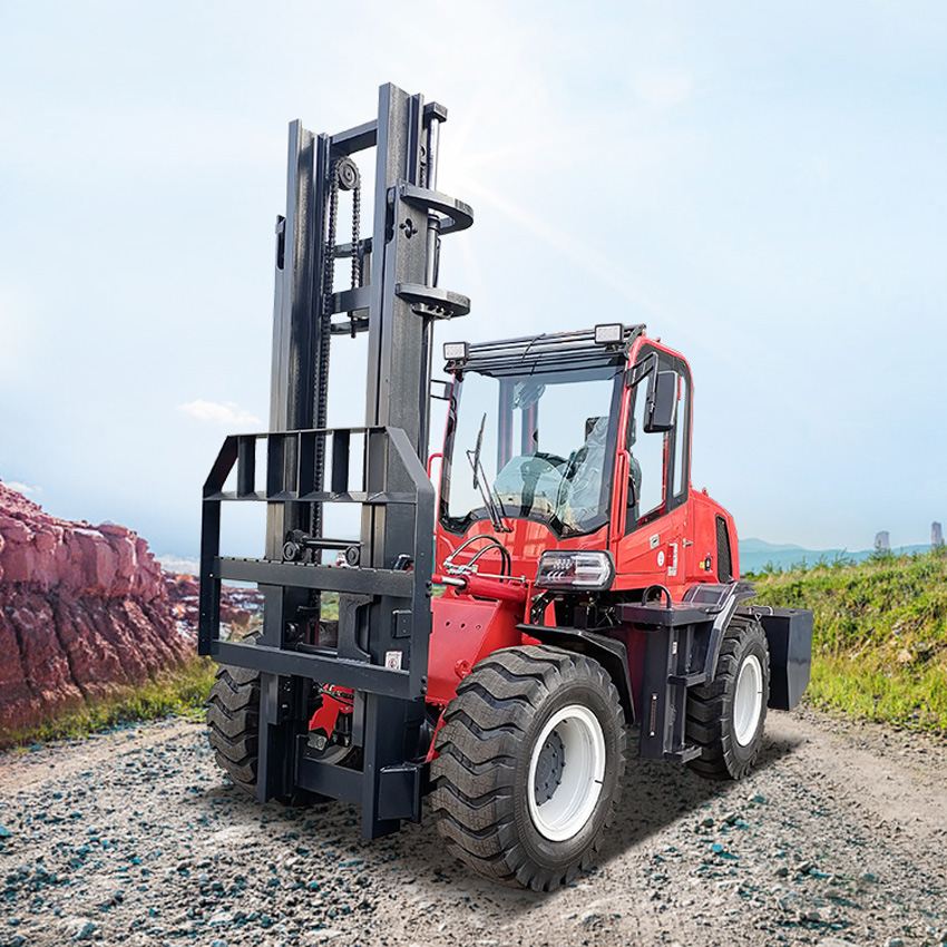 Electric warehouse forklift operating in a narrow aisle