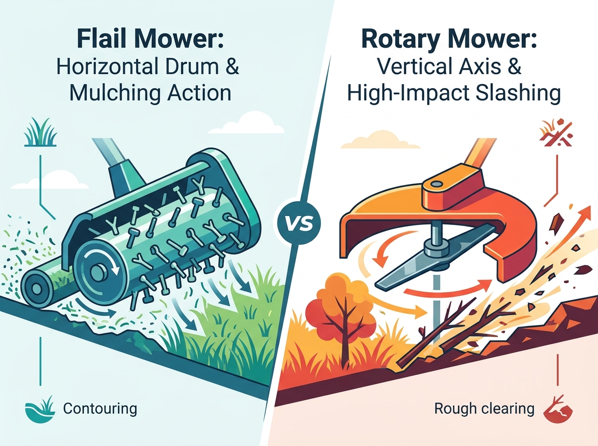 Flail lawn mower operating in a grassy field
